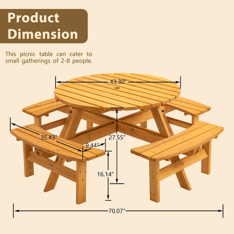 8-Personen Outdoor-Picknick-Esstisch-Garnitur aus Tannenholz, rund, mit 4 integrierten Bänken und Sonnenschirmloch