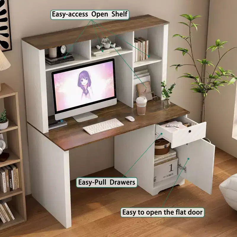 51.18 Zoll moderner Computertisch mit Aufsatz und Bücherregal, Schreibtisch mit viel Stauraum, Schreibtisch für Arbeitszimmer, Lesezimmer