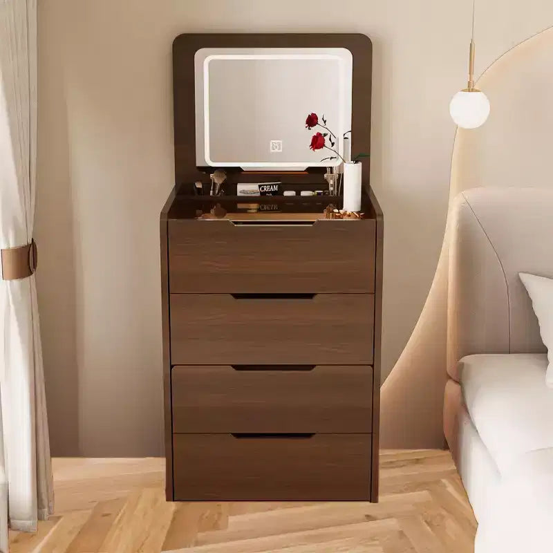 Okak 3-in-1 Schminktisch mit Klappspiegel, kompakter Waschtisch mit sichtbarer Glasplatte und gepolstertem Hocker, Schminktisch für das Schlafzimmer
