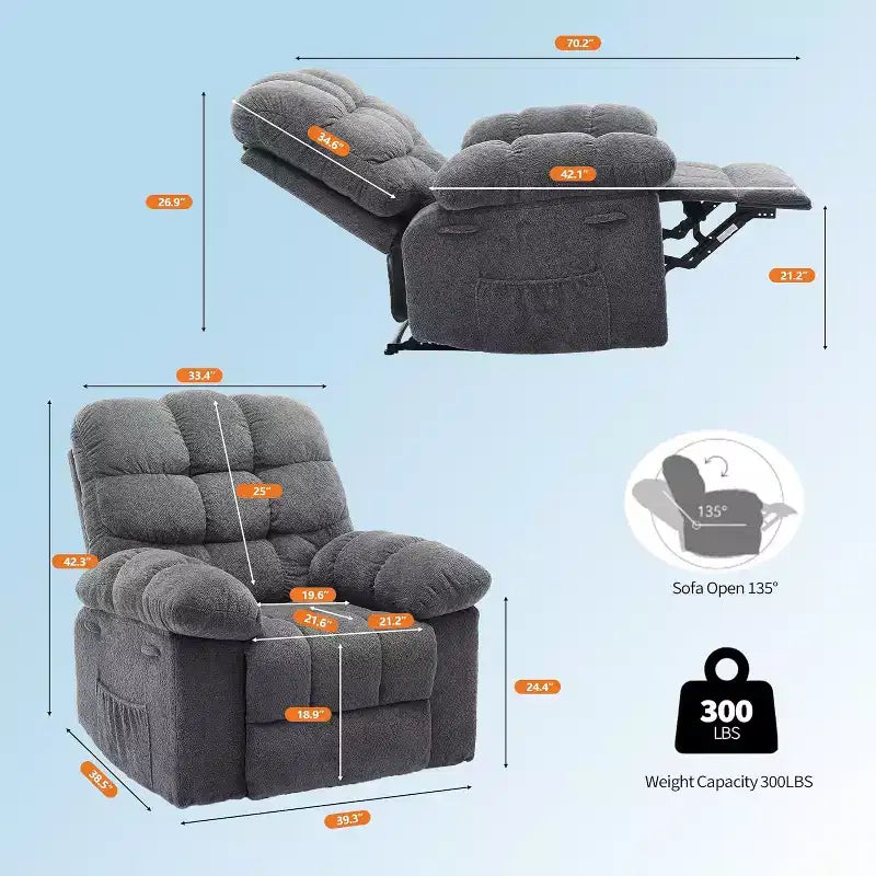 Manueller Relaxsessel, ergonomischer, atmungsaktiver Stoff-Relaxliege mit Seitentaschen, Einzelsessel, geeignet für Wohnzimmer Schlafzimmer