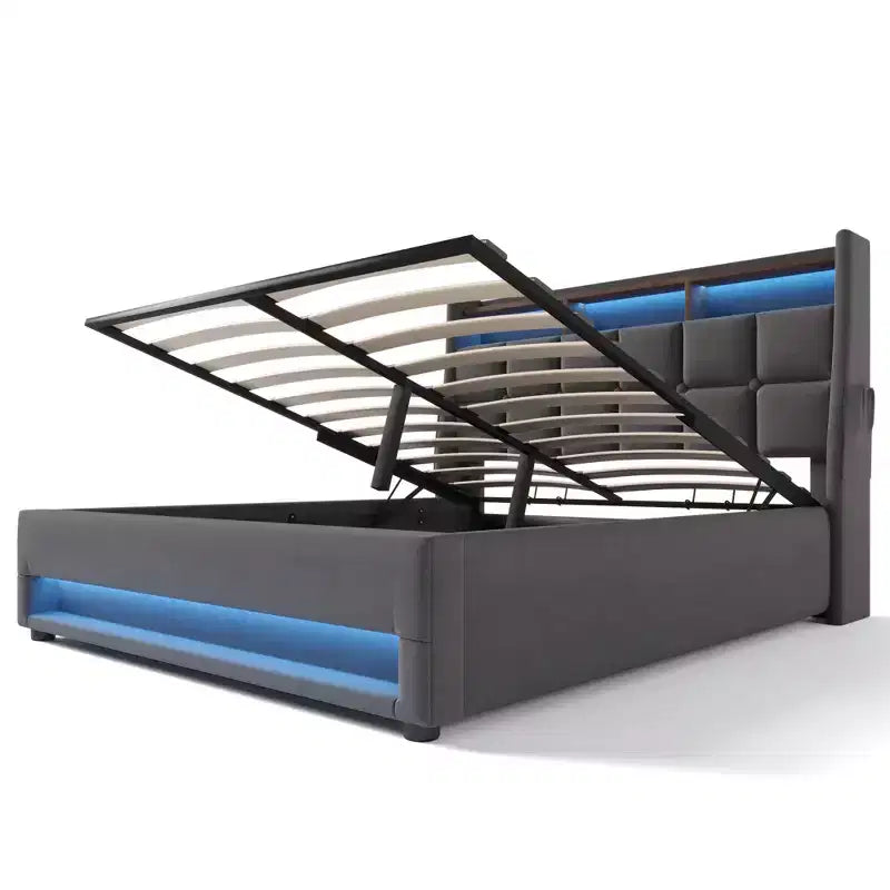 Queensize-Bett mit hydraulischem Stauraum, LED, USB, gepolstertem Kopfteil, kein Boxspringbett, einfache Montage