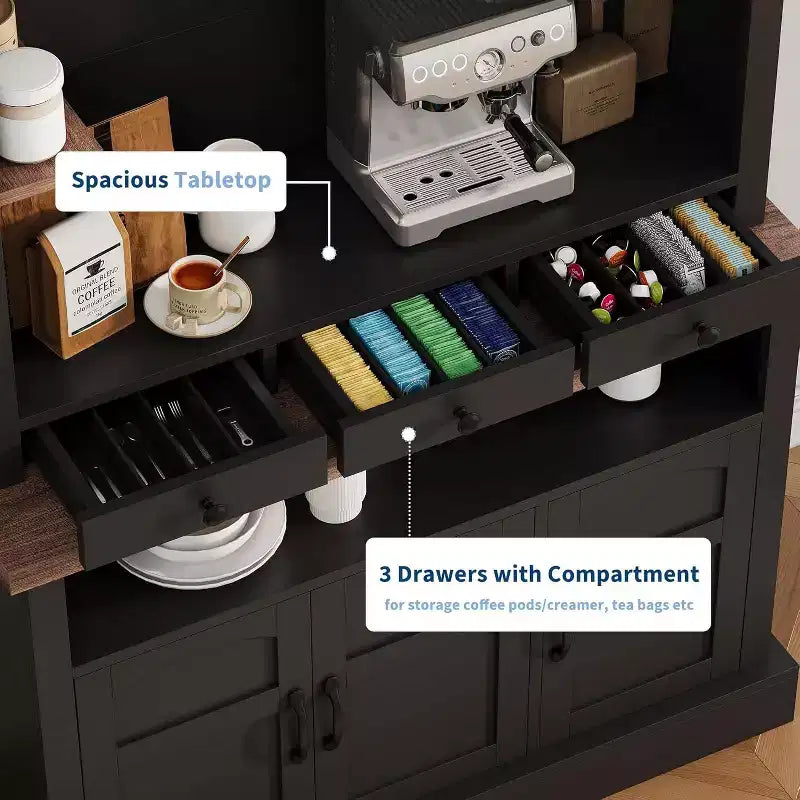 72" Hoher Bauernhaus-Kaffeebar-Schrank mit LED-Beleuchtung, Küchenbuffet mit Türen und Schublade, verstellbaren Einlegeböden, geräumiger Stauraum