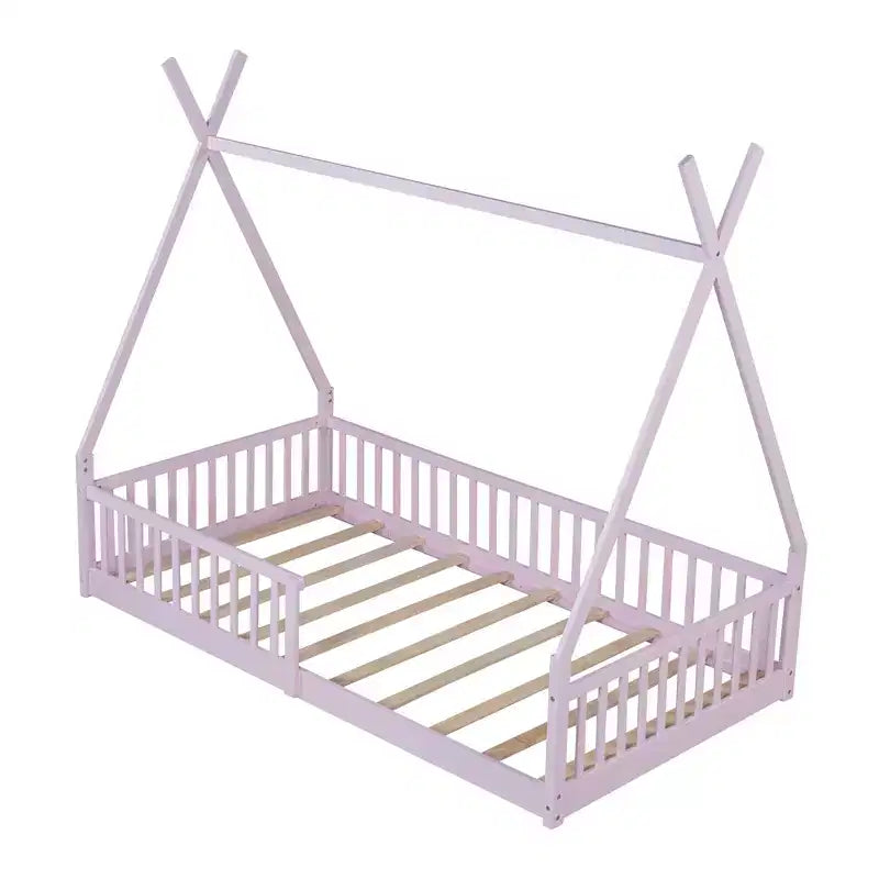 Bodenbett für Kinder, Zeltbetten in Doppelbettgröße, Montessori-Bodenbett mit Lattenrost und Zaungeländer, Holz-Hausbettgestell für Jungen und Mädchen