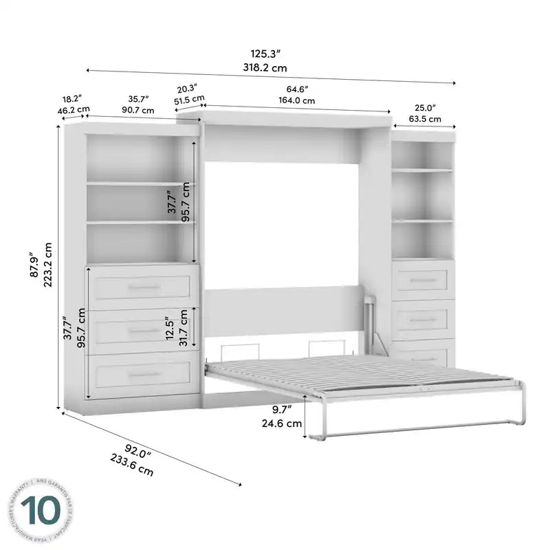 Schrankbett und zwei Regale mit Schubladen, 320 cm breites Wandbett