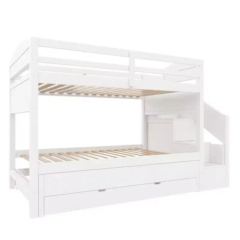 Whisen Twin XL Etagenbett mit Ausziehbett, Etagenbett mit Stauraum, Etagenbett aus Massivholz, Treppe mit Stauraum, Kleiderschrank, 3 Schubladen, für Kinder