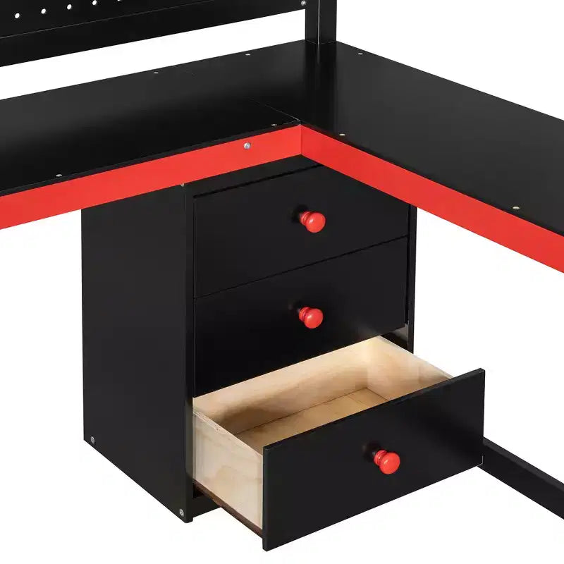 GDFStudio Scott hölzernes Gaming-Hochbett mit Stauraumtreppe, Schreibtisch, Regalen und Lochwand