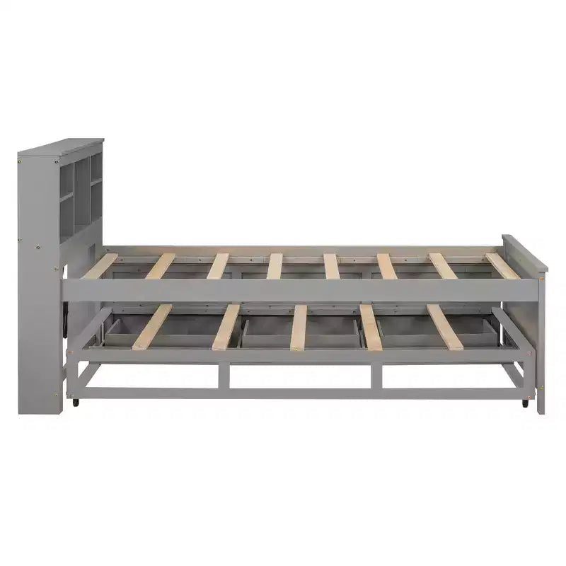 Plattformbett mit Rollbett und Schubladen, Stauraumbett mit USB-Anschluss, Holzbett mit Bücherregal