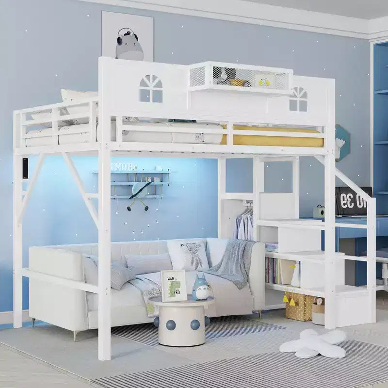 ModernLuxe Hochbett für Full/Queen-Betten mit Treppe und integriertem Kleiderschrank, Metallbettgestell mit LED-Beleuchtung, USB-Ladestation und Ablagefächern