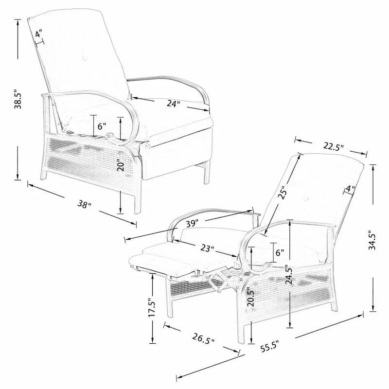 Verstellbarer Liegestuhl Lounge Sessel Gartenliege Sofa mit Kissen - 38 (T) x 26,5 (B) x 38,5 (H) ZOLL