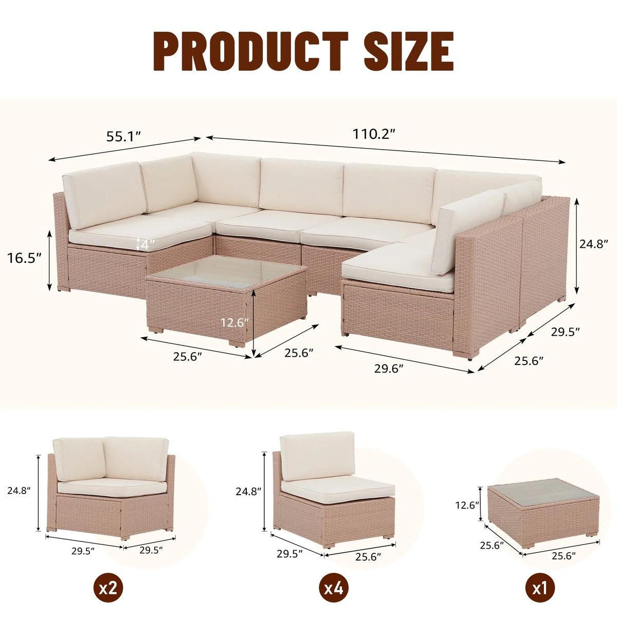 7-teiliges Outdoor-Sofa-Set aus Korbweide/Stahl mit Polstern