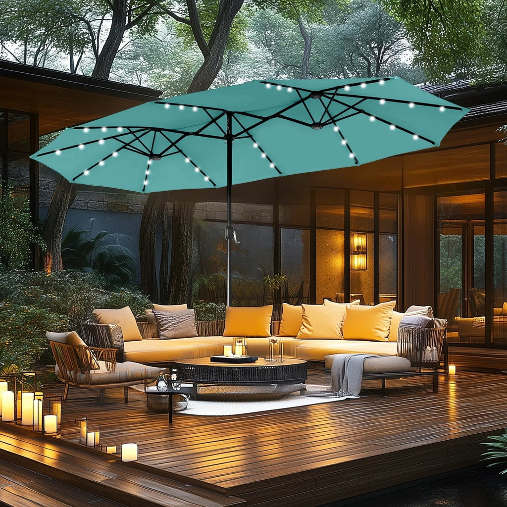 MAISON ARTS 4,5 m rechteckiger Kurbel-Doppelseiten-Sonnenschirm für den Außenbereich, solarbetriebener LED-Terrassenschirm mit Sockel