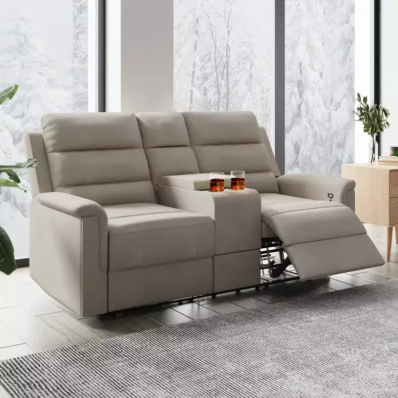 Beige/Graues 2-Sitzer Sofa mit Relaxfunktion aus Tech-Stoff, verstellbare Rückenlehne & Fußstütze