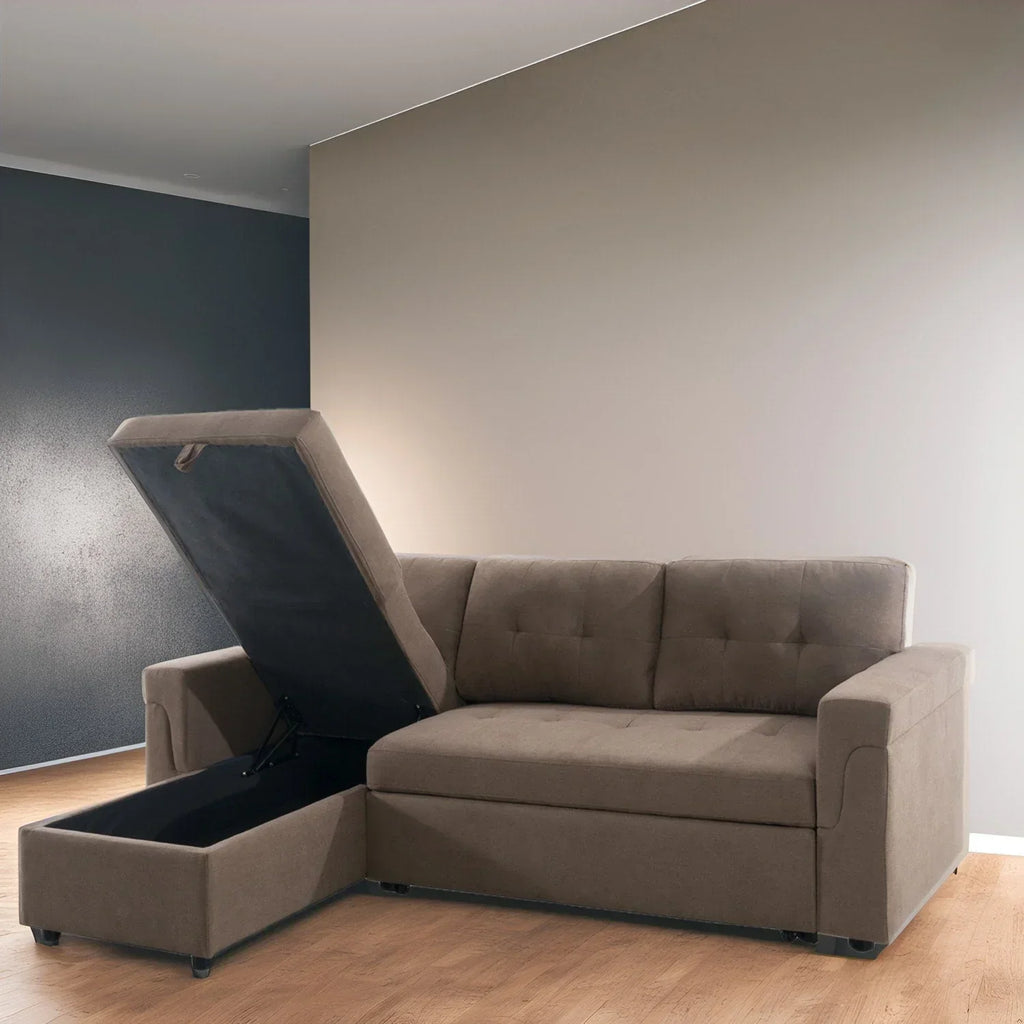Verwandelbares, umbaubares Ecksofa mit ausziehbarem Schlafsofa, versteckter Aufbewahrung in der Récamiere und robusten Beinen