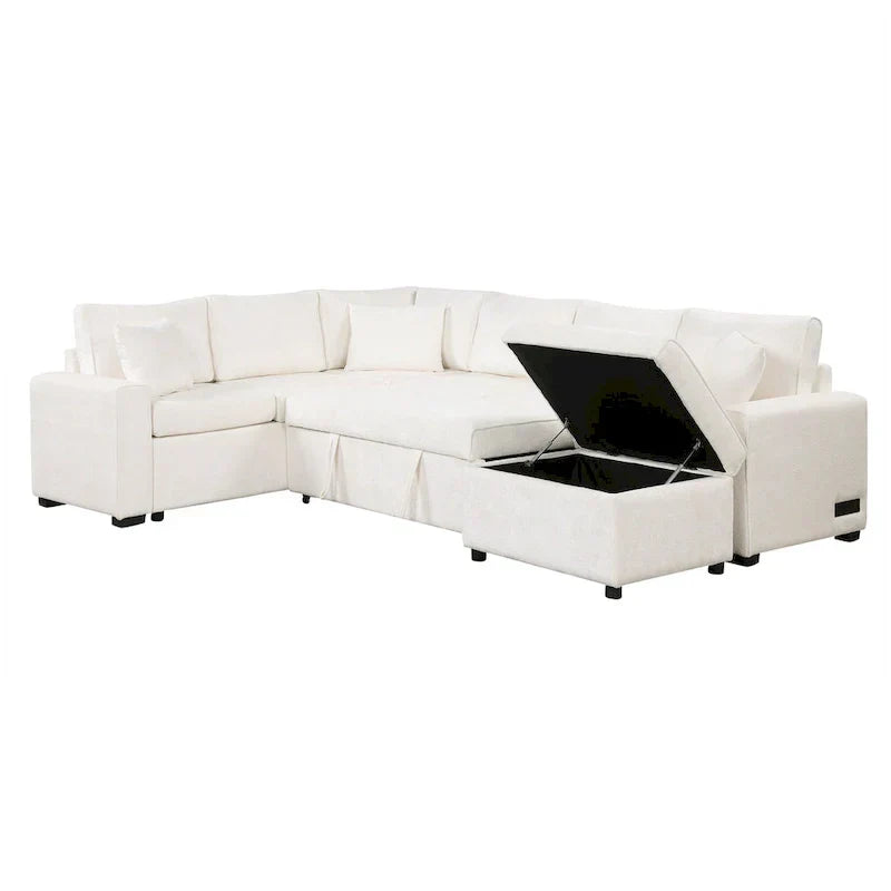Chenille Ecksofa mit Ausziehfunktion, L-förmiges Schlafsofa mit Stauraum-Ottomane, 3 Kissen und Ladevorrichtungen