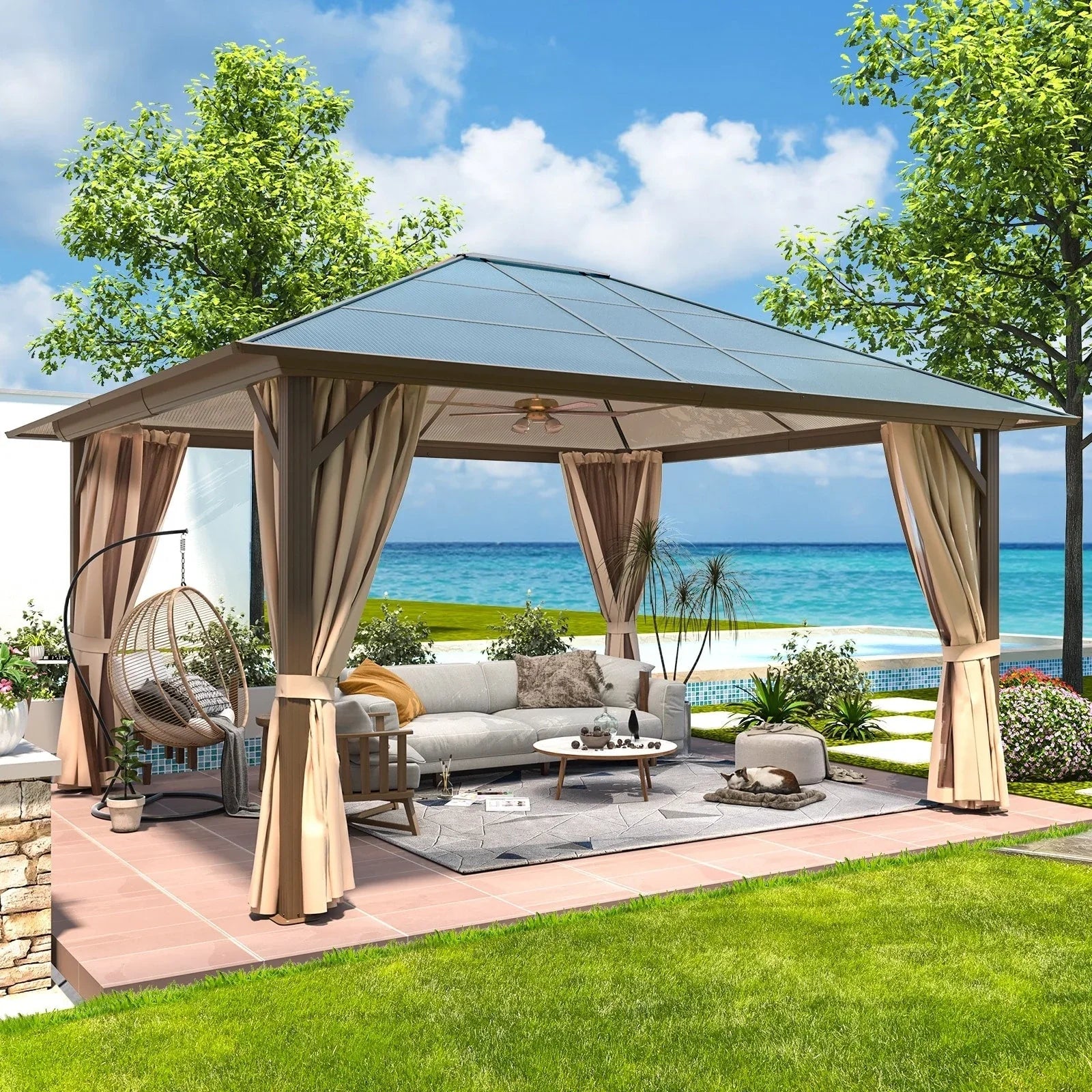 EROMMY Hardtop-Pavillon, Outdoor-Pergola mit Doppeldach & Netzen & Vorhängen, Hochleistungs-Canopy für Terrasse, Garten, Poolparty
