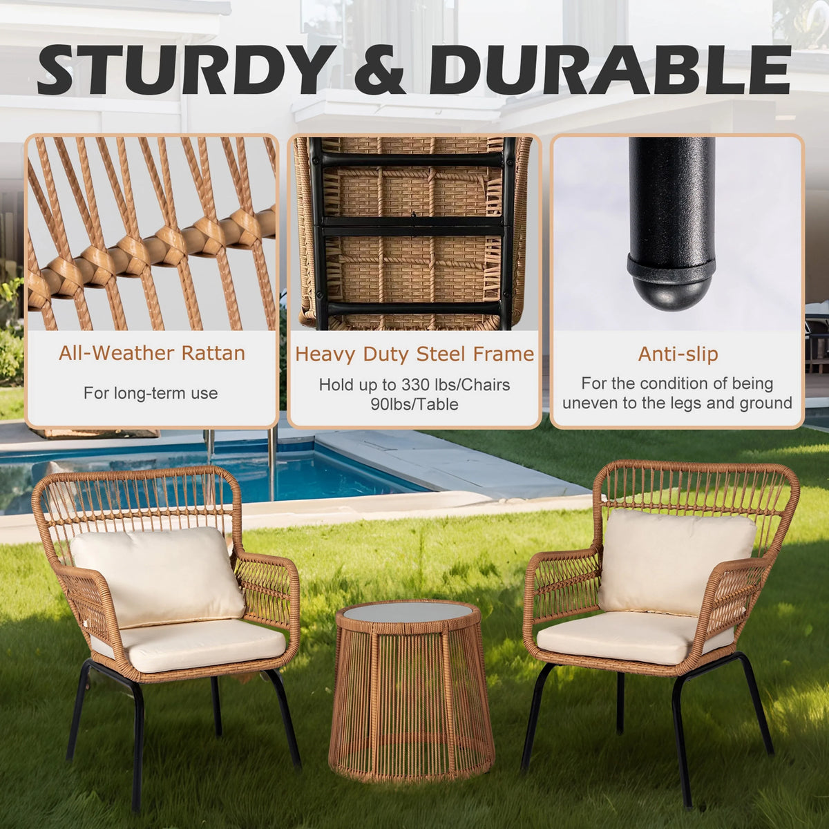 3-teiliges Outdoor-Bistro-Set aus Korbstühlen, witterungsbeständige Rattanmöbel-Sitzgruppe mit Kissen
