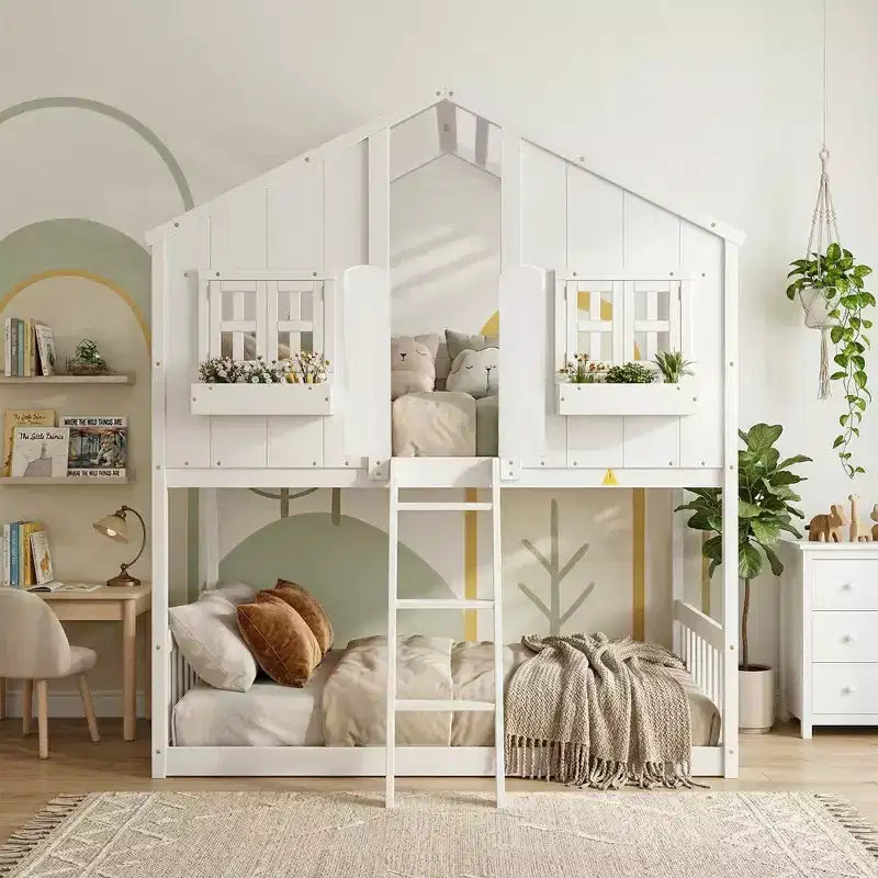 Doppel-Loftbett in Hausform, Holzspielhaus-Loftbett mit Leiter und Schutzgittern für Kinder