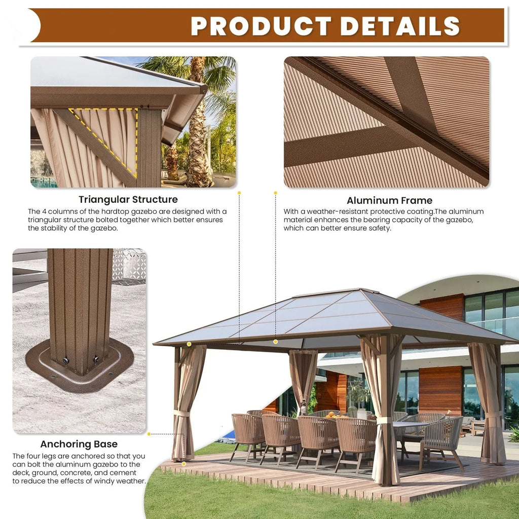 EROMMY Hardtop-Pavillon, Outdoor-Pergola mit Doppeldach & Netzen & Vorhängen, Hochleistungs-Canopy für Terrasse, Garten, Poolparty