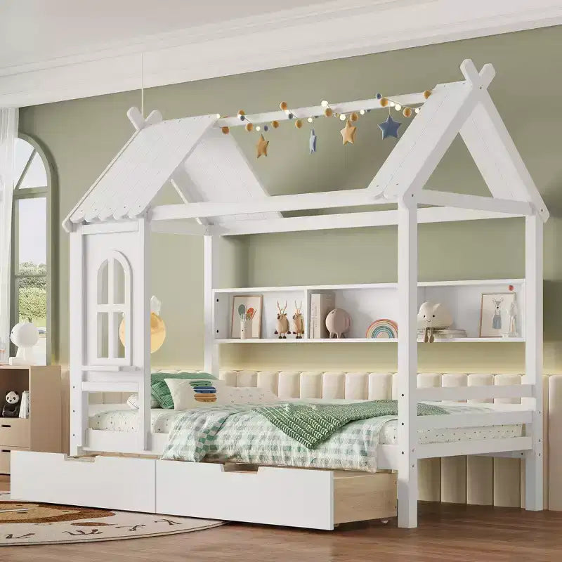 Haus-Plattformbett mit Aufbewahrungsschubladen und Fenster, Massivholzrahmen mit Regalen, kindgerechtes, lustiges Design, Hellweiß