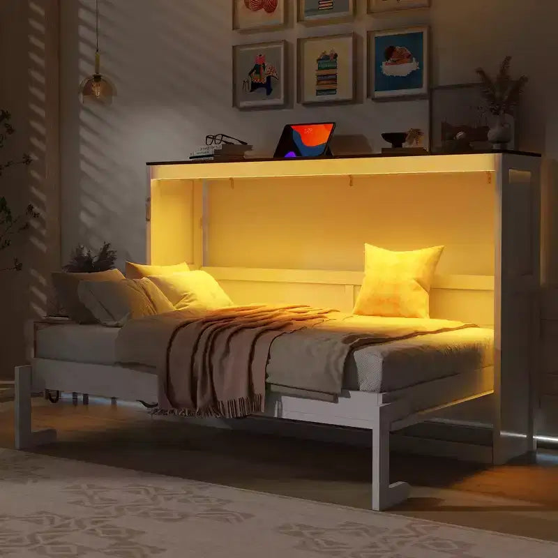 Doppelbett Murphy-Bett mit LED-Beleuchtung, kann in einen Schrank umgewandelt werden, Verstecktes Wandbett-Schrank für Gästezimmer