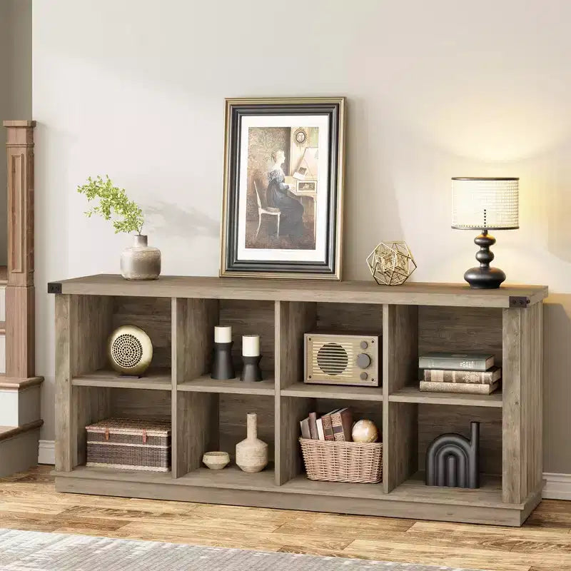 8 Würfelregal, Bücherregal im Landhausstil, 157,5 cm langes Holzregal für den Eingangsbereich, langes, niedriges Bücherregal für das Wohnzimmer
