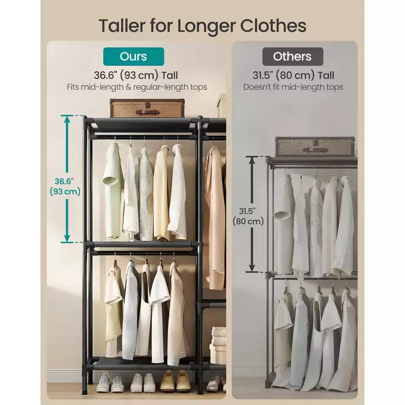 SONGMICS Kleiderständer, Schwerlast-Garderobenschrank-Organizer mit Kleiderstangen und Regalen, Gesamtbelastbarkeit 135 kg, einfache Montage, Tintenschwarz
