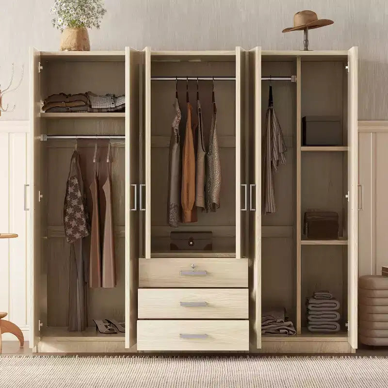 6-türiger Holz-Kleiderschrank mit Schubladen für das Schlafzimmer