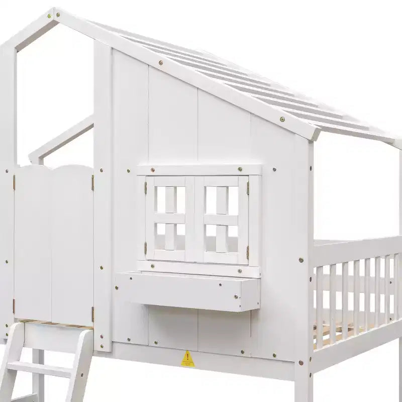 Doppel-Loftbett in Hausform, Holzspielhaus-Loftbett mit Leiter und Schutzgittern für Kinder