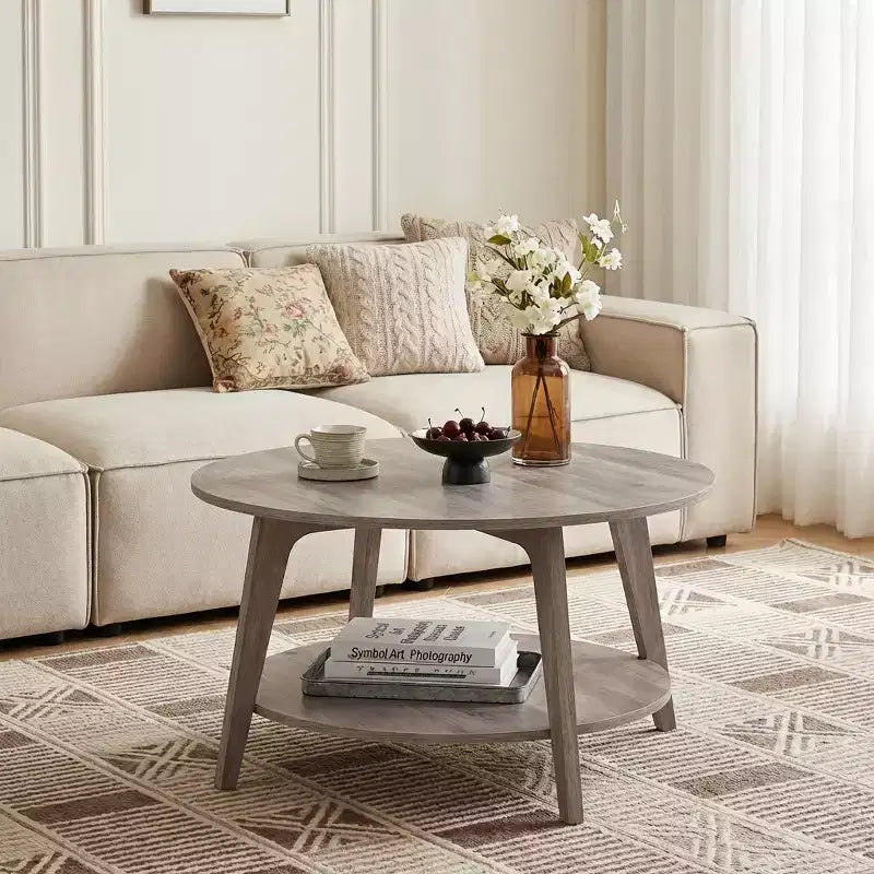 Honigbrauner runder Couchtisch mit 2 Ablageflächen, Maße 80 x 45 cm, ideal für das Wohnzimmer