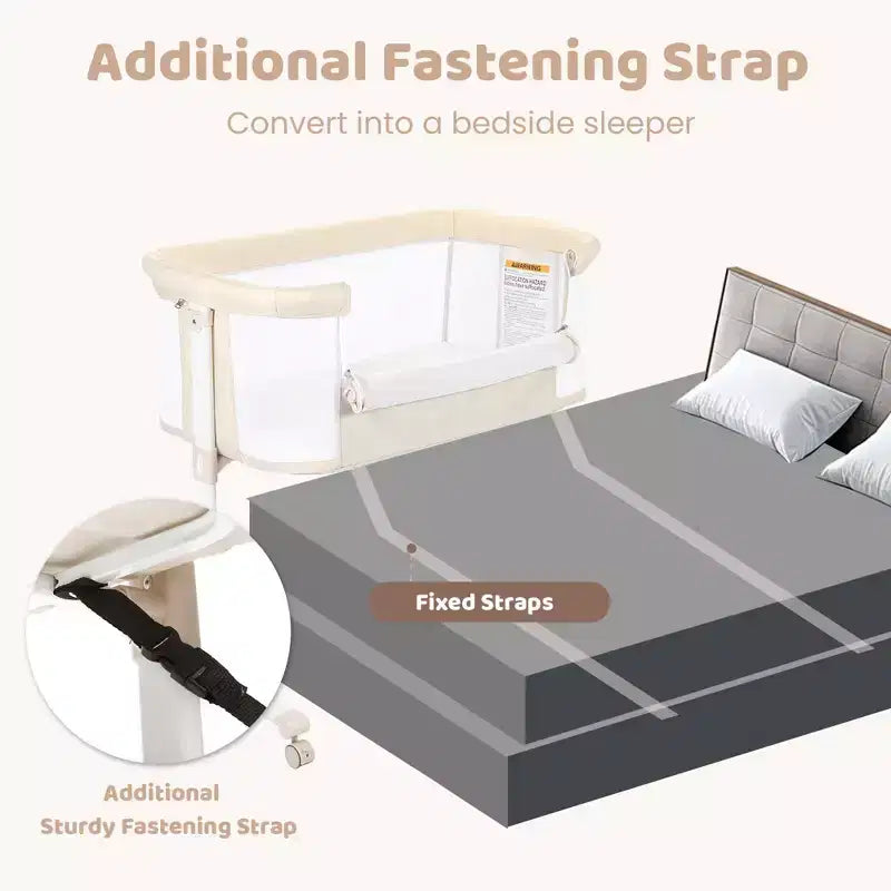 Baby-Beistellbett mit Rollen – Beige / Grau / Rosa, Bettschläfer, für 1 Baby