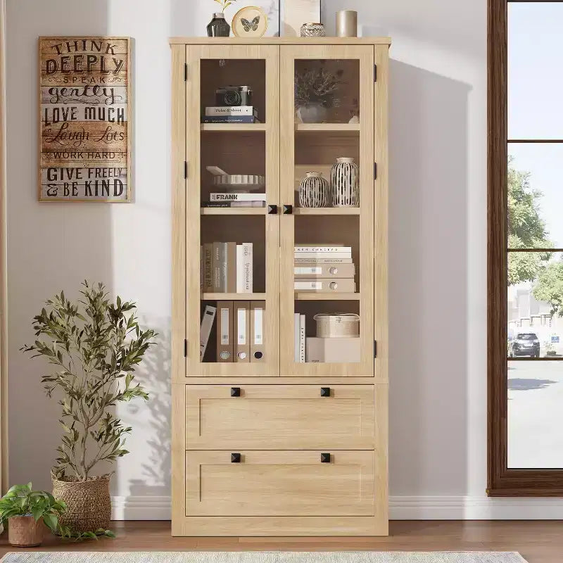Farmhouse Küchenschrank mit Glastüren, 183 cm Vorratsschrank mit Schubladen und verstellbaren Regalböden für Esszimmer, Bad, Wohnzimmer