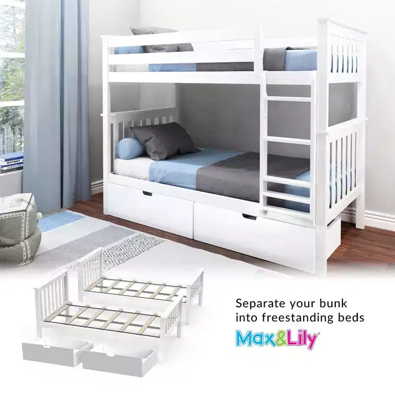 Massivholz-Etagenbett für Kinder (Twin über Twin) mit Schubladen unter dem Bett