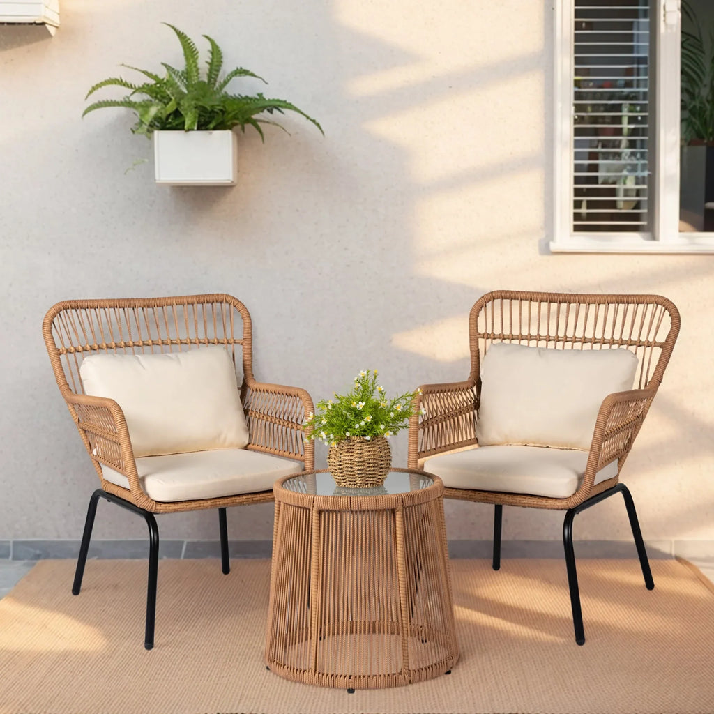 3-teiliges Outdoor-Bistro-Set aus Korbstühlen, witterungsbeständige Rattanmöbel-Sitzgruppe mit Kissen