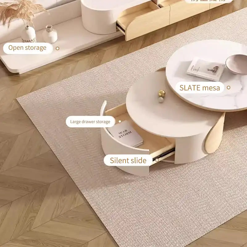 Moderner runder Couchtisch, Stein-Tischplatte, Naturholz - 50 x 31.5