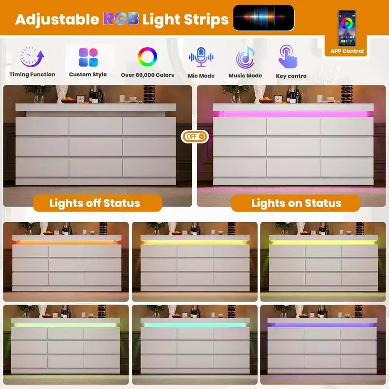 9 Schubladen Kommode für Schlafzimmer, Schubladenschrank mit Ladestation & LED-Beleuchtung, Doppel-Holz-Kleiderschrank, Moderne Kommode TV-Ständer