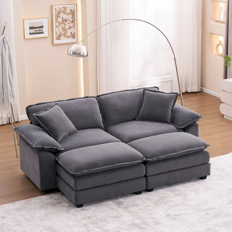 2-Sitzer-Sofa mit 2 Kissen, 2 Polstern und 2 Hockern, bequemes Sofa – Tiefes Wohnzimmersofa, Modulsofa