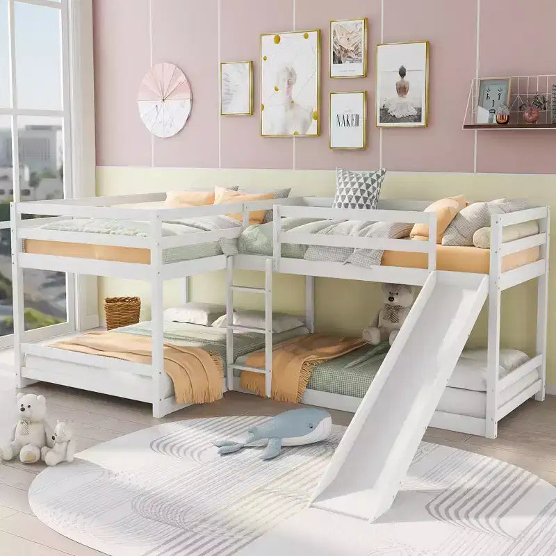 L-förmiges Etagenbett für 4 Kinder, Vierfach-Etagenbett mit Rutsche, Voll- und Twin-Holzrahmen für Schlafzimmer/Wohnheim