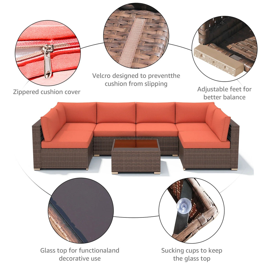 7-teiliges Outdoor-Sofa-Set aus Korbweide/Stahl mit Polstern