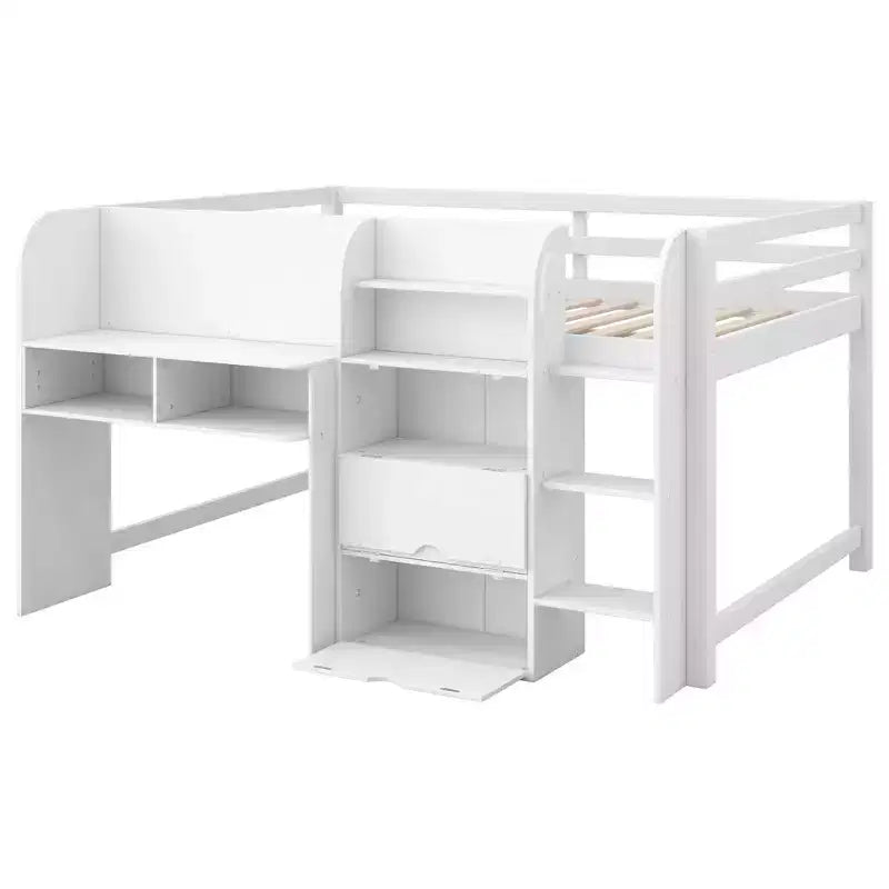 Niedriges Hochbett in Pink/Weiß mit Schreibtisch, Stauraum & Whiteboard – Einzelbett, 1 Person