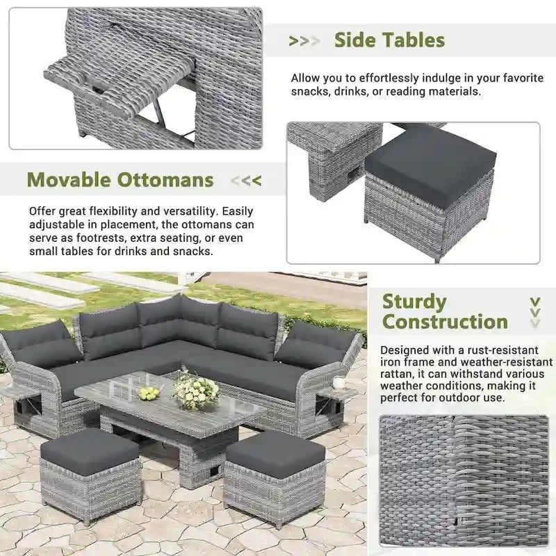 Outdoor-Rattan-Garnitur mit verstellbarem Tisch, Liegesesseln und 2 Hockern
