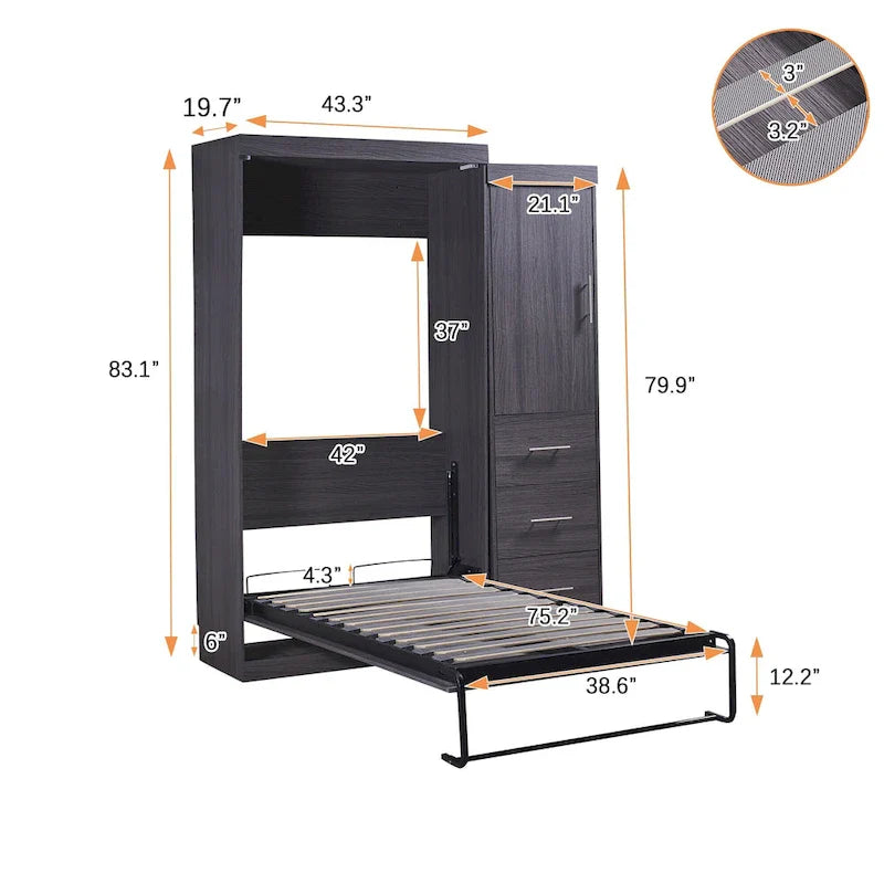 Graues klappbares Schrankbett mit Kleiderschrank & 3 Schubladen, Full/Twin, 1-Personen