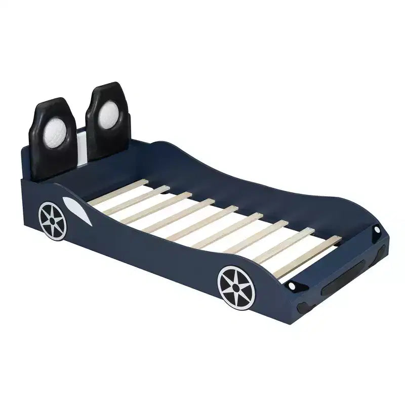 Whisen Wood Plattformbett in Rennwagen-Form, Twin-Größe, mit LED-Beleuchtung und gepolsterter Rückenlehne