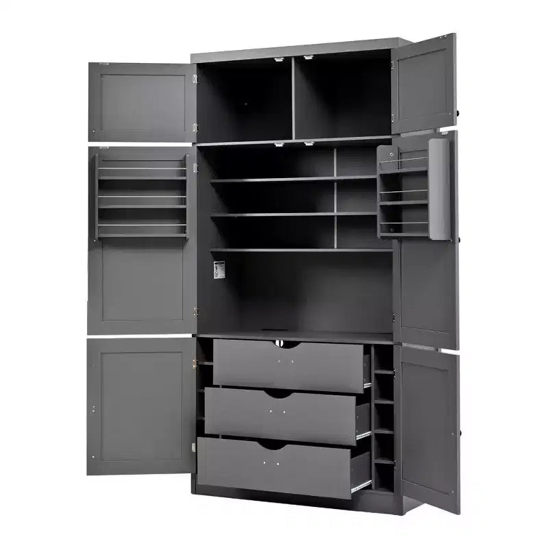Hoher Küchenschrank mit Steckdosen, großer freistehender Schrank mit Mikrowellenständer, Schubladen, Regalen, Weinregalen und Türregal