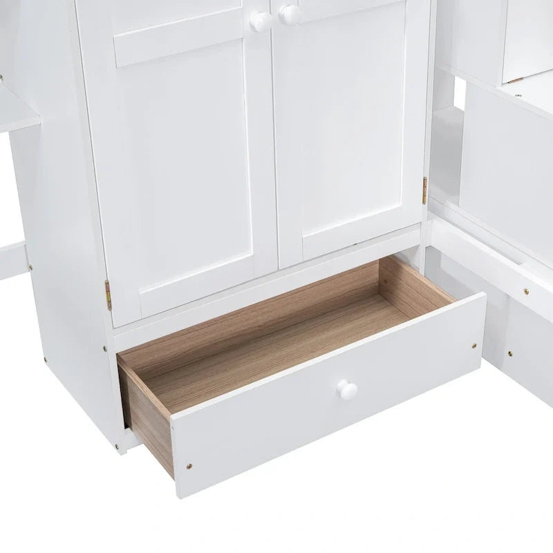 Kiefer-Hochbett mit Schreibtisch und Stauraum