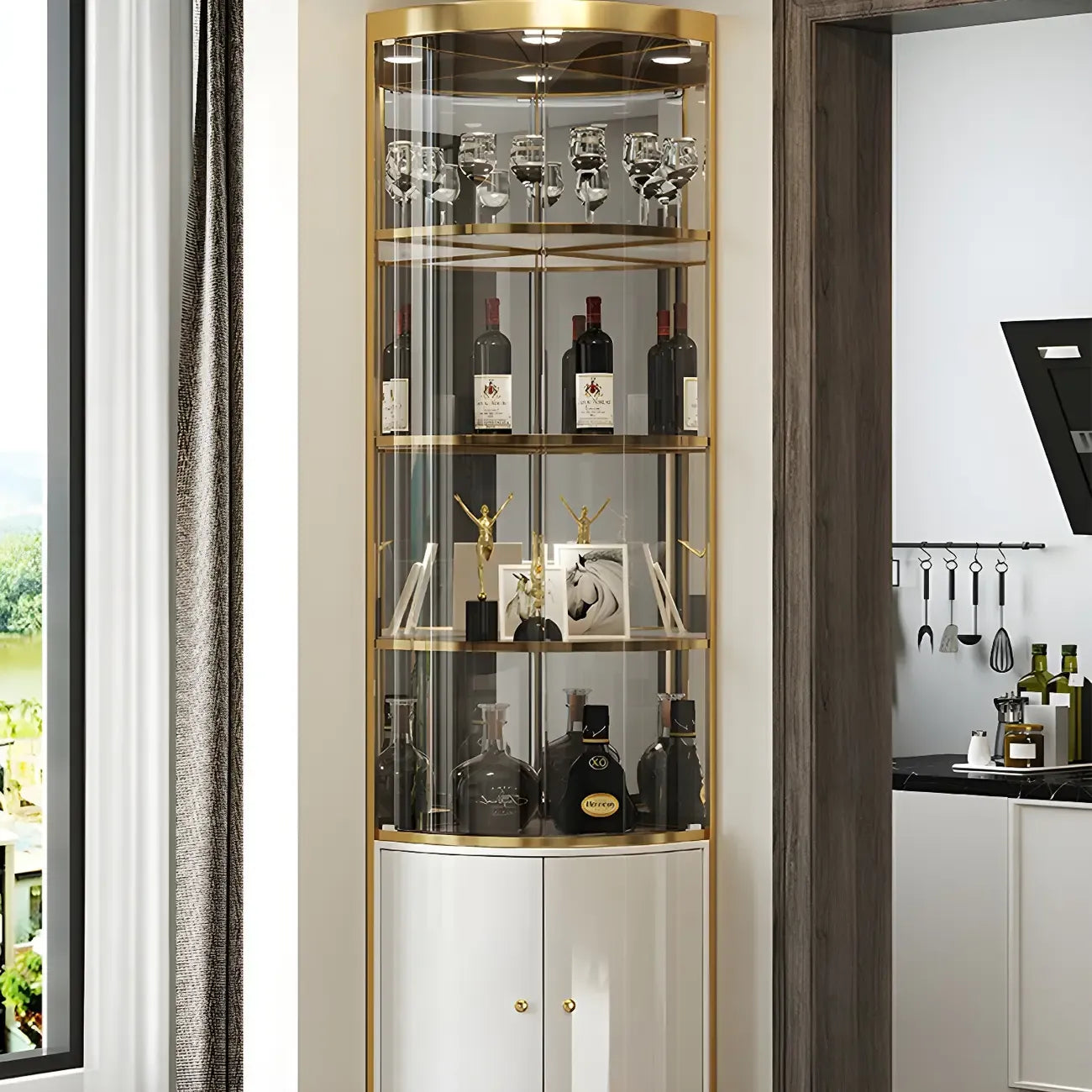 Glam Glossy Glas Gold Metall Abgerundete Display-Eckvitrine