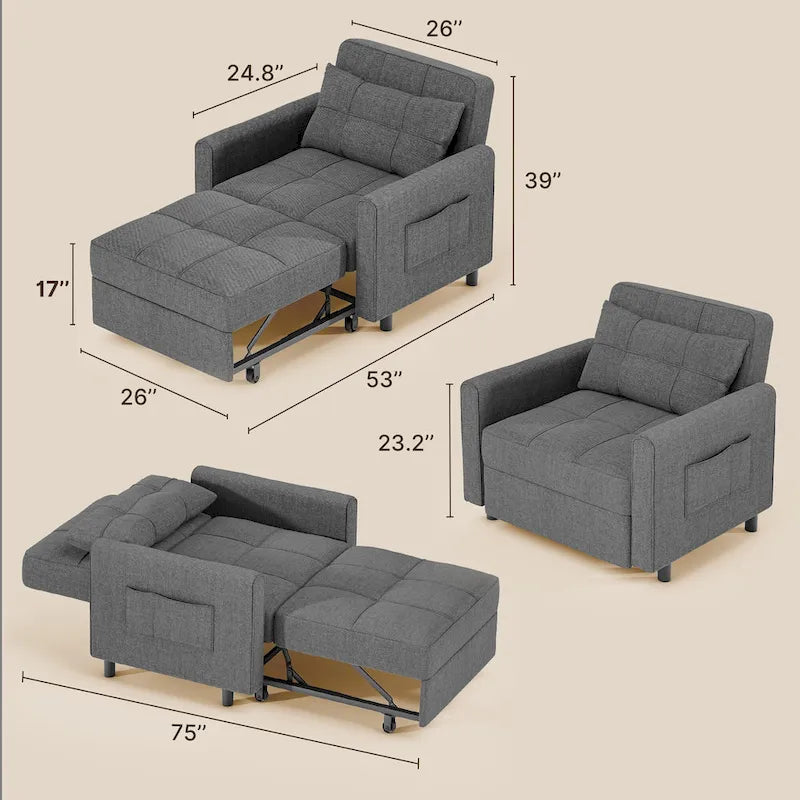 3-in-1 Schlafsofa, ausziehbarer Sessel, umwandelbarer, verstellbarer, klappbarer Polster-Lounge-Sofa