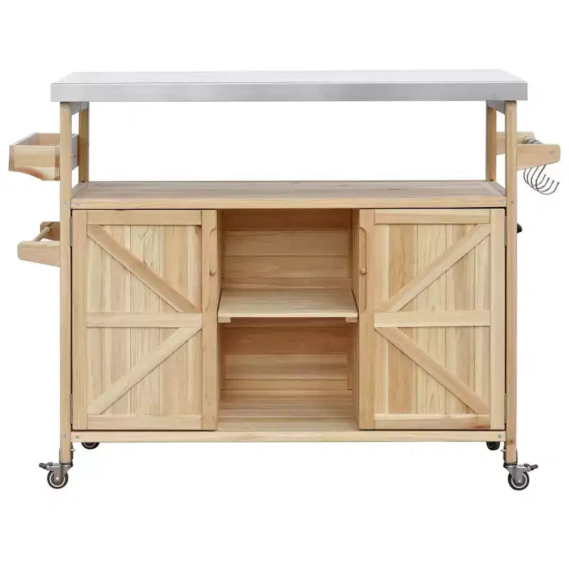 Okak Outdoor-Kücheninsel mit Edelstahlplatte, Holzküchenwagen mit Türen, Regalen und Gewürzregal, rollende Kücheninsel
