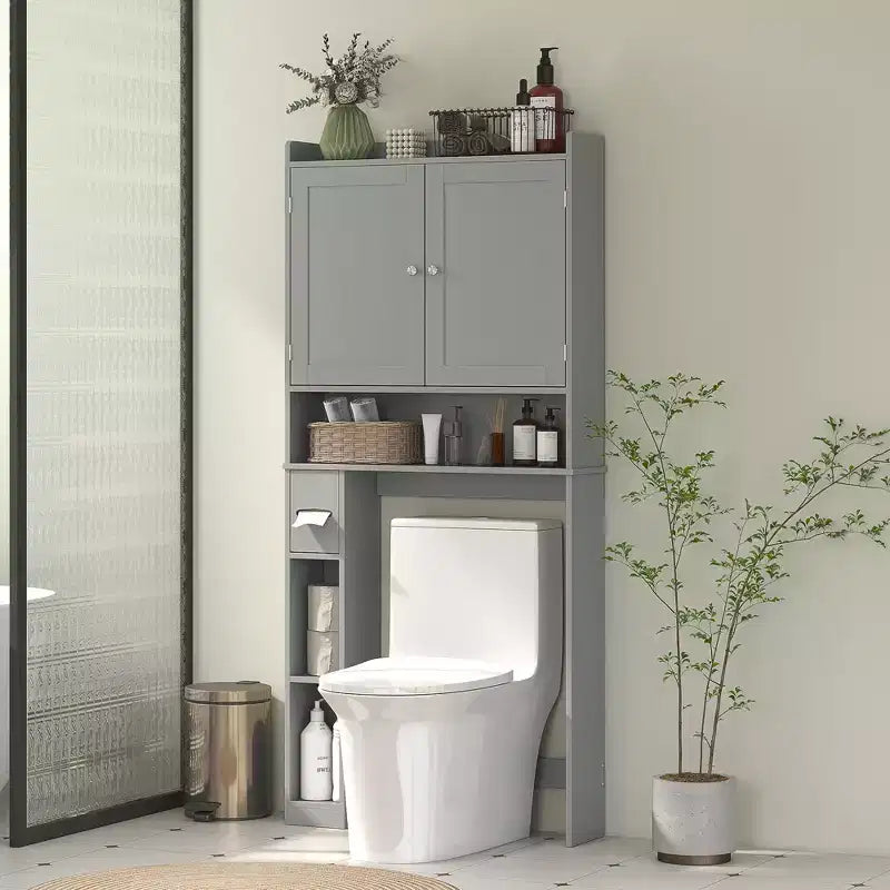 HOMCOM Überbau für die Toilette, moderner Badezimmer-Organizer mit 2 Türen, Toilettenpapierhalter, freistehendes Platzsparwunder
