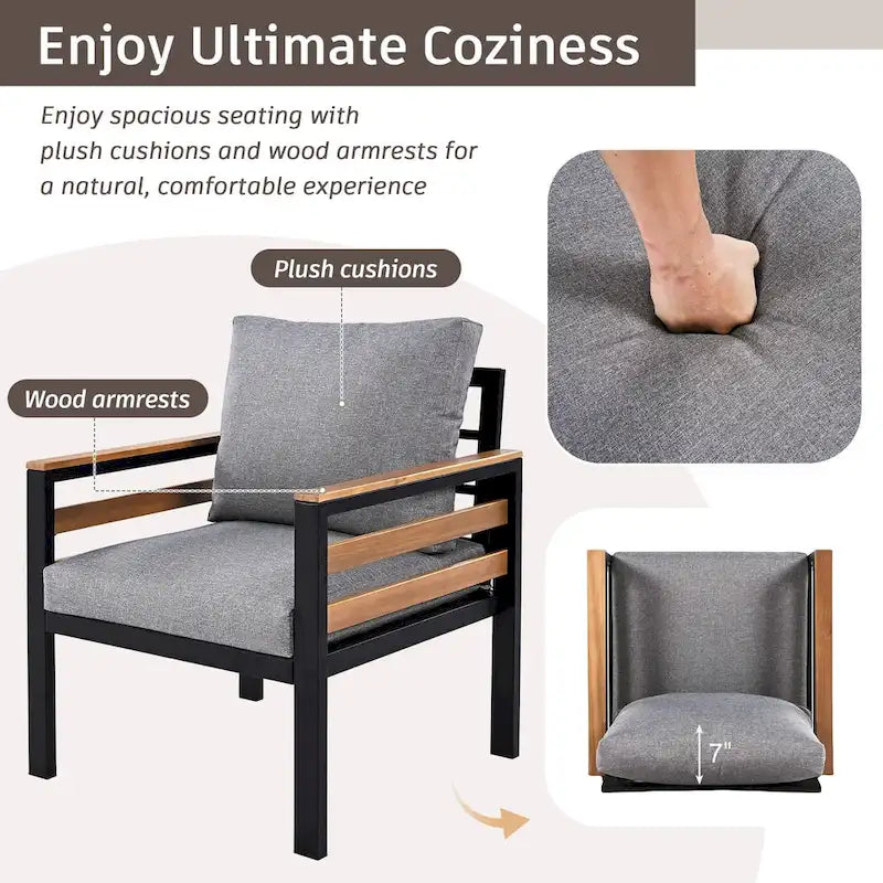 4-teiliges Outdoor-Sofa-Set für 5 Personen mit Couchtisch aus Massivholz und abnehmbaren Kissen
