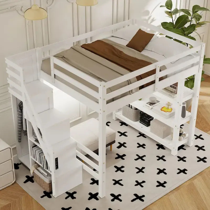 Hochbett mit Stauraumtreppe (Einzel-/Doppelbett) – Regale, Kleiderschrank & LED-Beleuchtung, platzsparendes Design